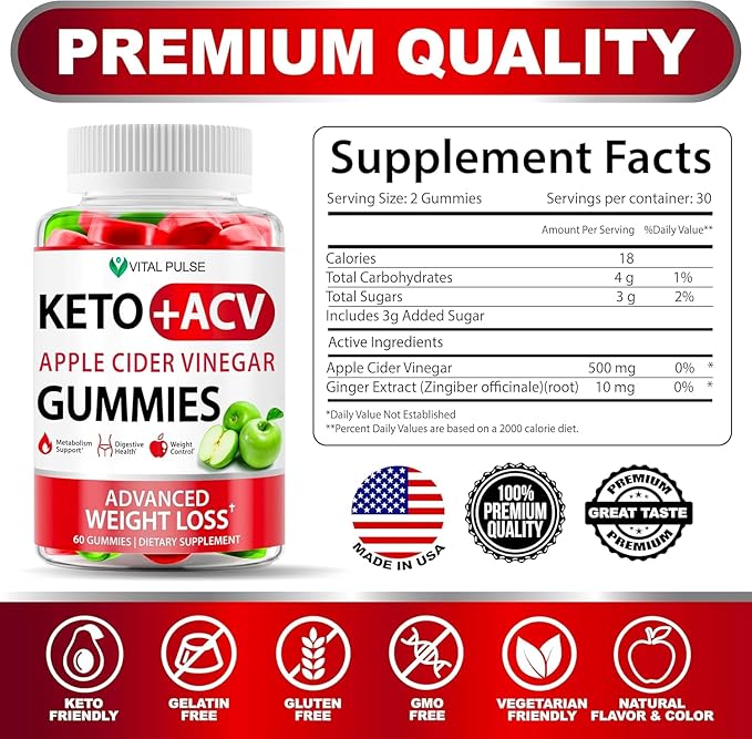 Keto Apple Cider Vinegar Gummies - Immune Boosting, Digestive Aid - 100% Natural, Non-GMO, Gluten-Free, Made in The USA