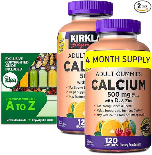 Calcium Gummies 500 mg with D3 & Zinc, Bone Health, 120 Gummies (2 Pack) Bundle with Exclusive Vitamins & Minerals - A to Z - Better Idea Guide