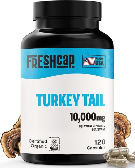 FreshCap Turkey Tail Mushroom Supplement 10,000mg – Organic Mushrooms, Turkey Tail Extract for Immune Support Supplement, Mushroom Supplement Capsules, Ayurveda Immunity Supplement (120 Capsules)