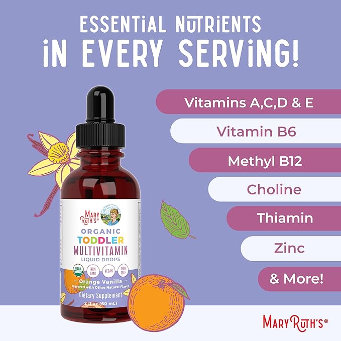 MaryRuth Organics Kids Multivitamin for Toddlers | USDA Organic | Toddler Vitamins Liquid Drops for Kids Ages 1-3 | Toddler Immune Support & Overall Wellness | Vegan | Non-GMO | Gluten Free | 2 Fl Oz