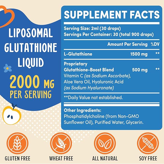 2000MG Liposomal Glutathione Liquid, 98% Absorption, Glutathione Liquid Supplement, Active Form L- Glutathione, Powerful Antioxidant Complex for Immune System, Aging Defense, Detox, 2 FL.OZ