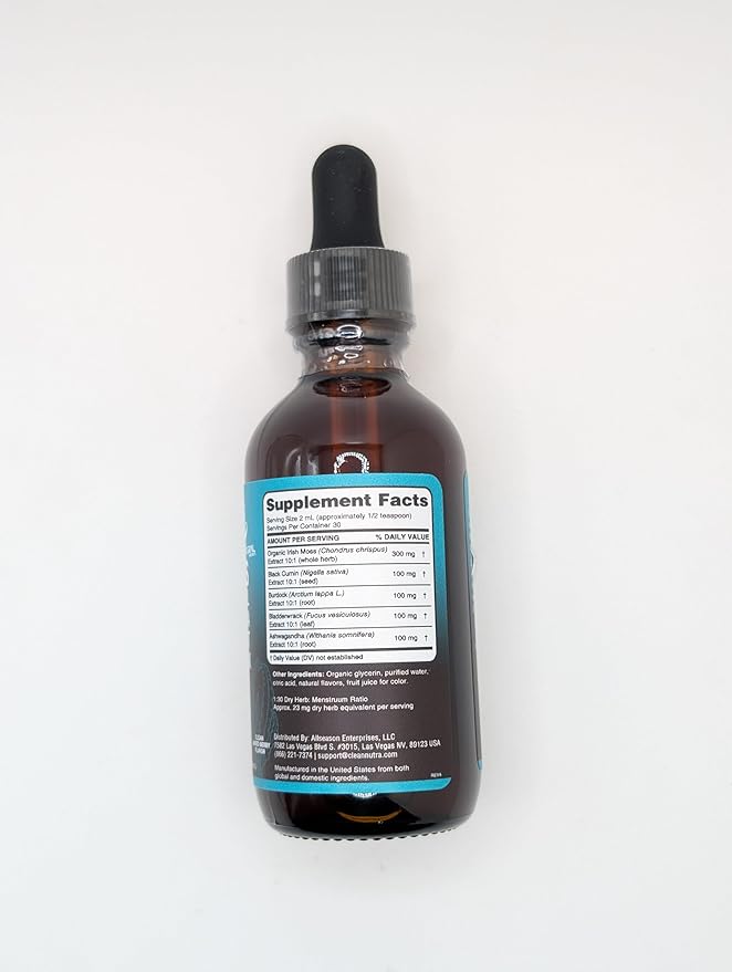 Clean Nutra Organic Sea Moss Drops Supplement | Black Seed Oil Irish Seamoss Ashwagandha Burdock Root & Bladderwrack - Multimineral Liquid Vegan for Gut Heath Energy Skin Immune Support & Hair