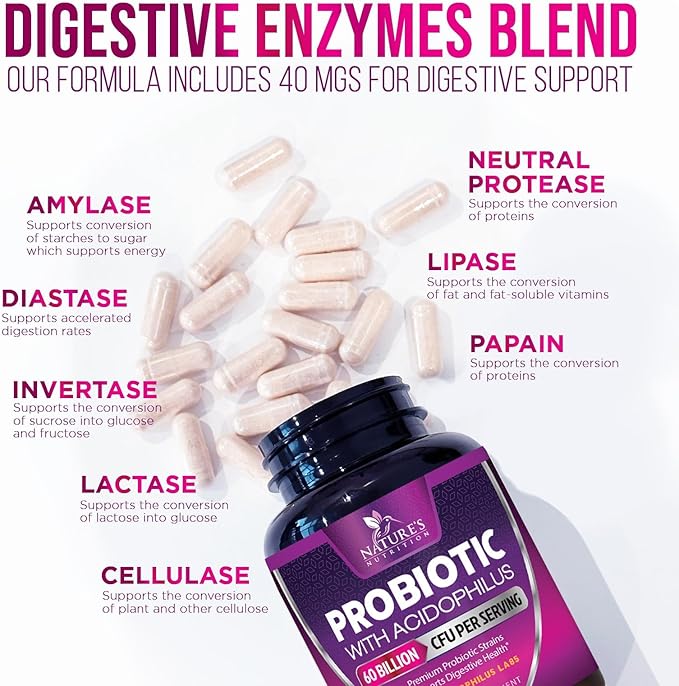 Probiotics 60 Billion CFU per Serving - 10 Strains + Prebiotics - Immune, Digestive & Gut Health Support, Supports Occasional Constipation, Gas & Bloating for Women & Men, Shelf Stable - 180 Capsules