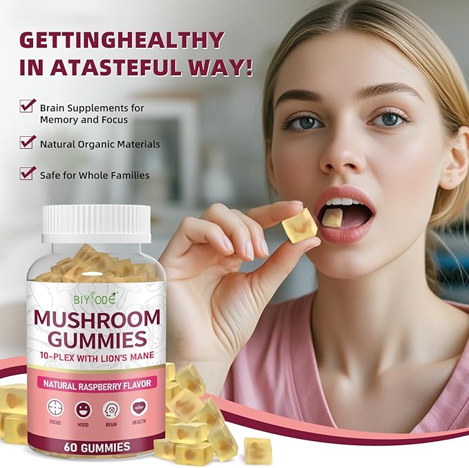 10x Mushroom Gummies: Sugar-Free Adaptogenic Blend with Lion's Mane Reishi Cordyceps Chaga for Stress Relief Focus Natural Calmness 1600mg per Serving 60 Count
