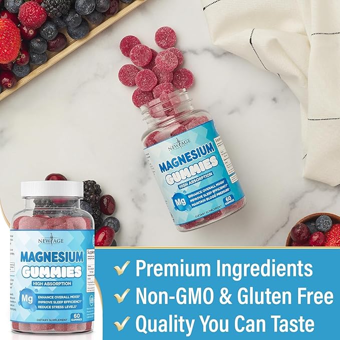 Magnesium Gummies - Calming Anti-Stress Gummies, Magnesium Supplement for Adults and Kids, Vegan, Gelatin-Free, Gluten-Free, Non-GMO, Delicious Natural Raspberry Flavor- 60 Count - by New Age