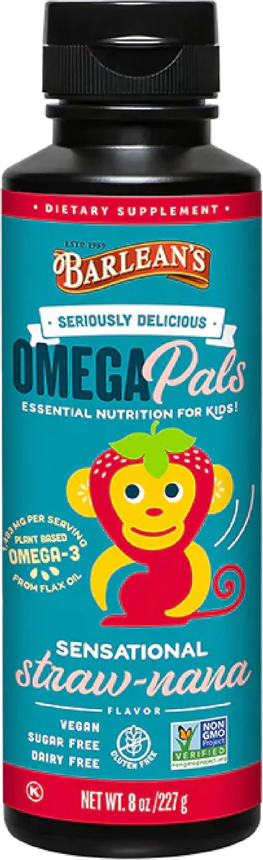 Barlean's Omega Pals Omega 3 for Kids, Yummy Straw-Nana Flavored Children's Liquid Flax Seed Oil Supplement with 1,483 mg ALA, Non-GMO, Vegan Brain and Eye Health, 8 oz