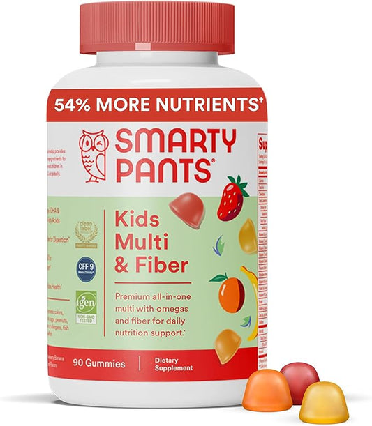 SmartyPants Kids Formula & Fiber Daily Gummy Vitamins: Gluten Free, Multivitamin Omega 3 Fish Oil (Dha/Epa), Fiber, Methyl B12, vitamin D3, Vitamin B6, 90 Count (22 Day Supply) - Packaging May Vary