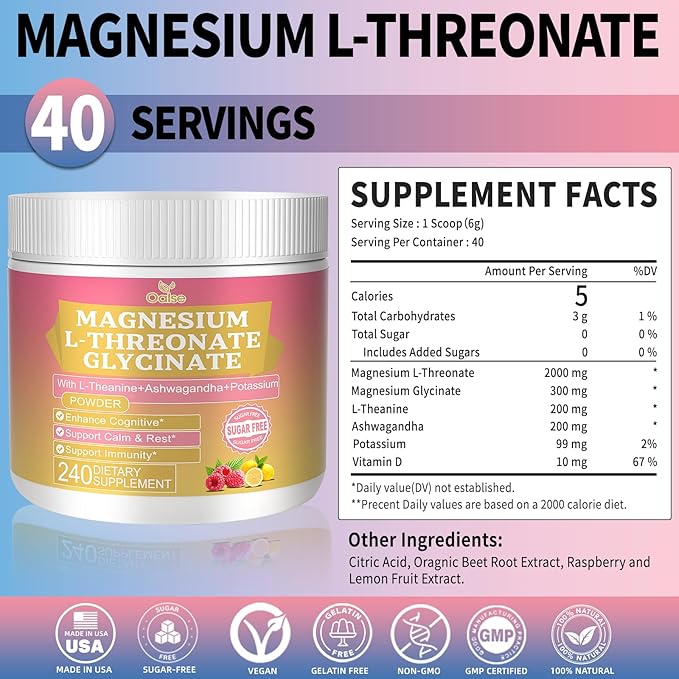 Magnesium Powdered Drink Mix with Magnesium Glycinate, Potassium, L-Theanine, Ashwagandha, and Vitamin D for Men and Women, Raspberry Lemonade, (240g)