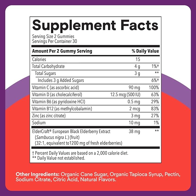 SmartyPants Kids Immunity Elderberry Gummies: Kids Immune Support Supplement, Vitamin C, Vitamin D, Vitamins B6 & B12 and Zinc, Gluten Free, Elderberry Flavor, 60 Count (30 Day Supply)