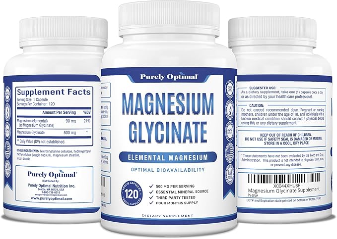 Purely Optimal Magnesium Glycinate 500mg - Premium Non-Buffered Supplement for Sleep, Calm & Muscle Function Support, 120 Easy-to-Swallow Capsules - High Absorption & Gentle on Stomach
