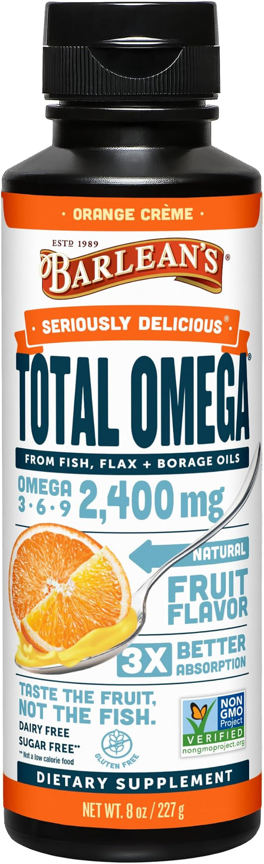 Barlean's Total Omega 3 6 9 Orange Crème Liquid Fish Oil Supplement with Borage and Flaxseed Oil, 2,400 mg of Omegas EPA and DHA Plus GLA for Joint and Heart Health, 8 oz