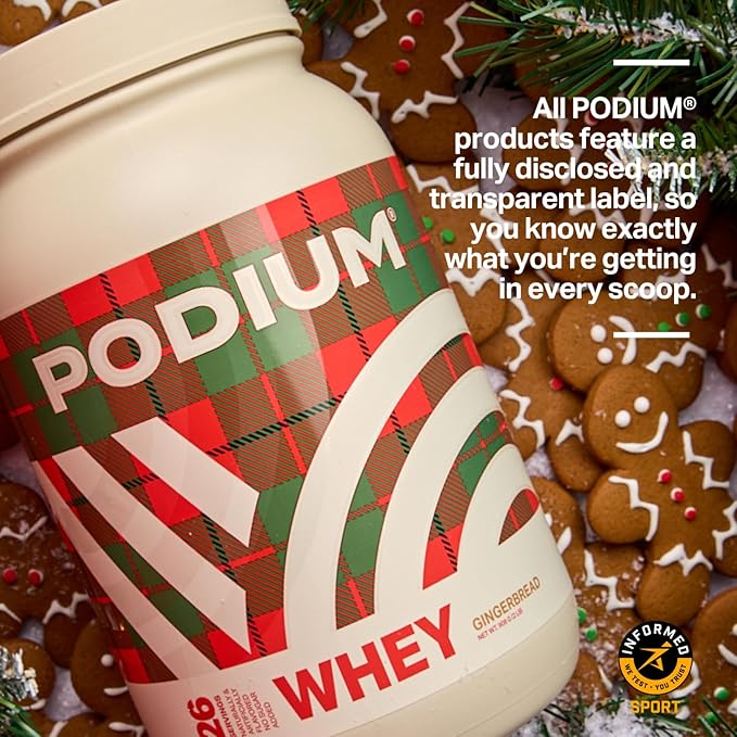 Podium Nutrition Whey Protein Powder, Gingerbread, 25g Protein Per Serving with Digestive Enzymes, Whey Protein Isolate & Concentrate, Gluten Free, Low Carb, Low Sugar & Soy Free, 27 Servings