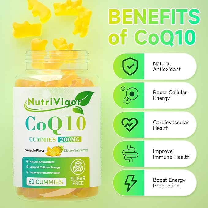 CoQ10 Gummies, Coenzyme Q10 Supplement 200 mg, High Absorption CoQ10 Supplement for Cellular Energy and Immune Health, Vegan, Gluten Free, Pineapple Flavor, 60 Count
