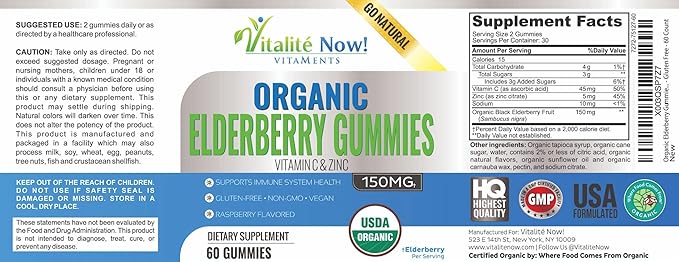 Organic Elderberry Gummies - USDA Certified - Vitamin C & Zinc - Chewable Sambucus - Immune System Support - Vegetarian & Vegan - Raspberry Flavored - Gluten Free - Non-GMO - 60 Count