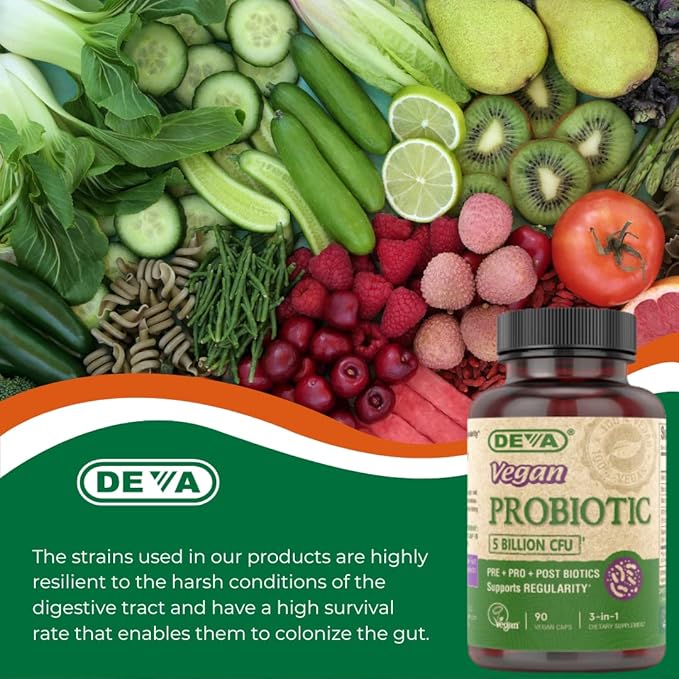 DEVA Vegan Probiotic, 5 Billion CFU 2-Pack – Dairy-Free FOS Prebiotics, Probiotics & Postbiotics, Digestive Health, Gut Support, 90 Vegan Caps Ea