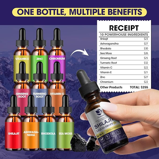2 Pack Himalayan Shilajit Resin Drops for Men & Women, 16-in-1 Liquid Vitamin, Trace Minerals, Ginseng, Turmeric, Ashwagandha, Immune Support, Energy Boost & Joint Health, Pure Shilajit Supplement