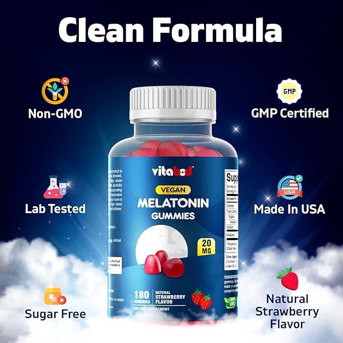 Melatonin 20mg Gummies - 180 Count - Drug Free - Natural Strawberry Flavor - Vegetarian, Non-GMO, Gluten Free (3 Bottles)