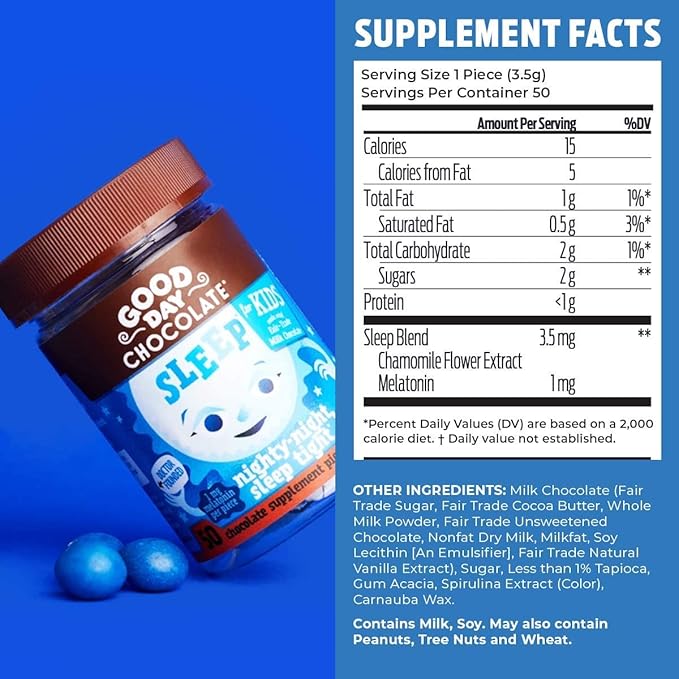 Good Day Chocolate Melatonin for Kids [50 Count] - Fair Trade Non-GMO Chocolate with Chamomile and Melatonin 1 mg - Toddler Melatonin, Kids Natural Sleep Aid for Ages 3 and Up