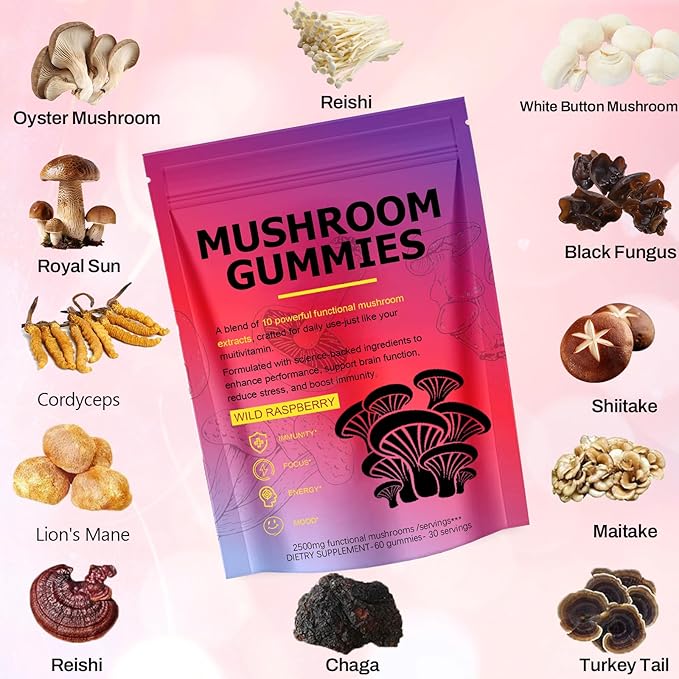 Sky Nutrition Mushroom Gummies, 12 in 1 Mushroom Blend with Lions Mane, Turkey Tail, Organic Reishi, Cordyceps, Immune Support & Energy Boost, Mushroom Supplement for Adults, Non-GMO, 60 Gummies