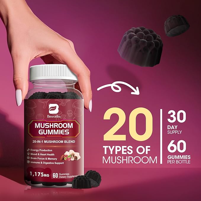 Super Mushroom Complex Gummies, 20-IN-1 Lion's Mane Supplement Gummies - Mushroom Supplement with Cordyceps, Reishi etc, Support for Brain Health, Focus & Clarity, Non-GMO,Raspberry Flavor,60 Gummies