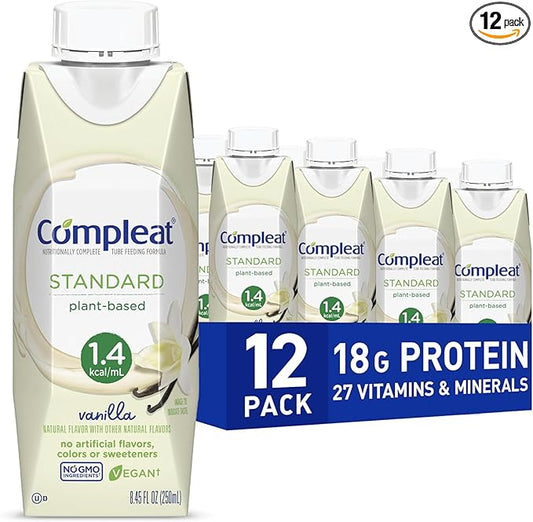 Compleat Standard 1.4 Plant-Based Vanilla Nutrition Shake - 18g Protein, 29 Vitamins & Minerals - Vegan Tube Feeding Formula - 8.45 Fl Oz (Pack of 12)