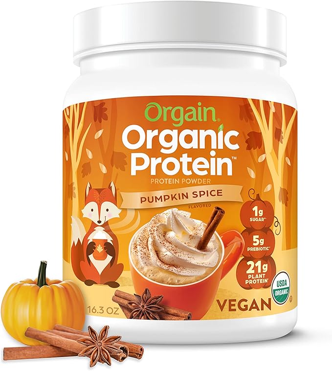 Orgain Organic Vegan Protein Powder, Pumpkin Spice - 21g of Plant Based Protein, Non Dairy, Gluten Free, 1g of Sugar, Soy Free, Kosher, Non-GMO, 1.02 Lb (Packaging May Vary)