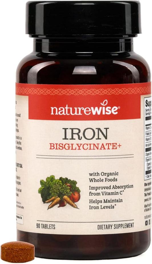 NatureWise Vegan Iron Supplement for Women & Men - Gentle on Stomach High Absorption - Coated Iron Bisglycinate Tablets + Vitamin C, Methyl B12, Folate & Organic Food Blend - 90 Tablets[90-Day Supply]
