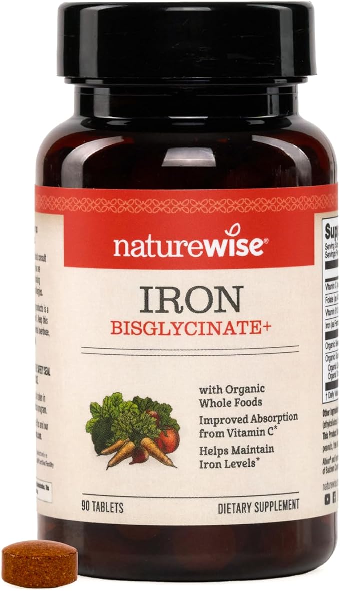 NatureWise Vegan Iron Supplement for Women & Men - Gentle on Stomach High Absorption - Coated Iron Bisglycinate Tablets + Vitamin C, Methyl B12, Folate & Organic Food Blend - 90 Tablets[90-Day Supply]
