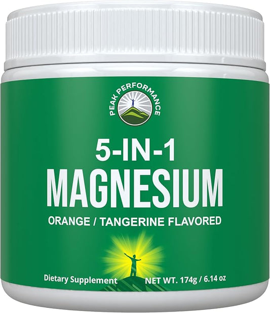 5-in-1 Magnesium Powder Drink for Women & Men. Magnesium Glycinate + Citrate + Malate + Chelate + Taurate. Great Tasting Vegan Supplement for Muscle Relaxation, Sleep, Cramps. Orange Flavor