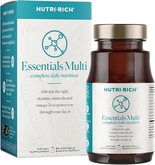 Nutri-Rich Essentials Multi | Multivitamin for Adults Softgel with Iron Nutritional Support with Lutein, Energy, K2 for Bone Health, Vitamin D3, Minerals, and Sustainable Omega-3 EPA + DHA (60 Count)