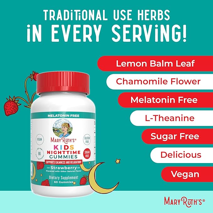 MaryRuth's Kids Nighttime Gummies | Sugar Free | NO Melatonin Gummies with L Theanine, Lemon Balm, Chamomile, Vitamin B6 | Relaxation Support for Kids 2+ | Vegan | Non-GMO | Gluten Free | 60 Count