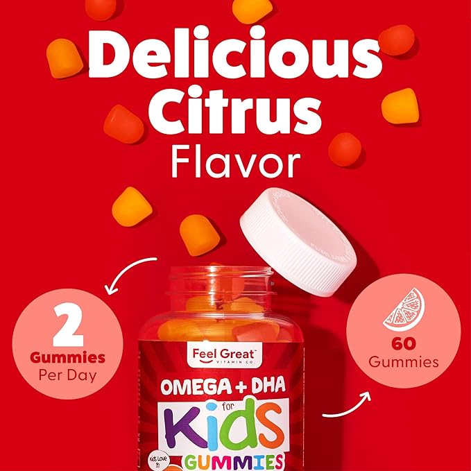 Feel Great Vitamin Co. Complete DHA Gummies for Kids | with Omega 3 6 9 + DHA, Vitamin C | Supports Healthy Brain Function, Vision & Heart Health | Gluten Free, Vegetarian | 60 Gummies