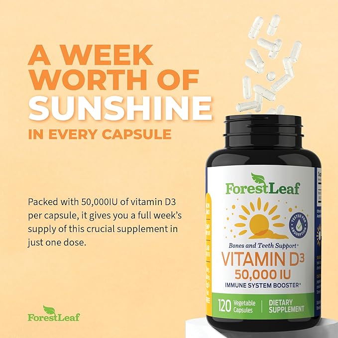 ForestLeaf Vitamin D3 50,000 IU | VIT D - VIT D3 Vitamin D Supplement for Women and Men | Bone Health, Teeth, Immune Support | Easy to Swallow Pills | High Potency WEEKLY Dose, 2-Year Supply, 120 Caps