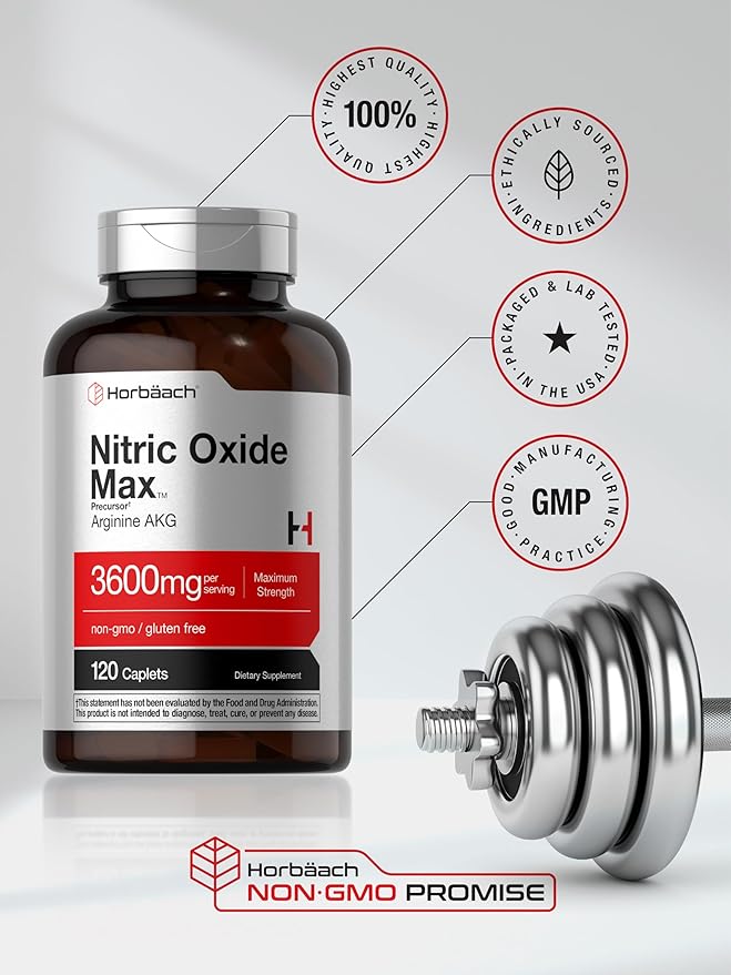 Horbäach Nitric Oxide Max 3600mg | 120 Caplets | with Arginine AAKG for Men and Women | Vegetarian, Non-GMO, & Gluten Free Pre Workout Supplement