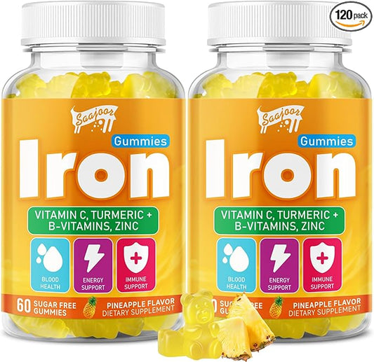 2 Pack Iron Gummies with Multivitamin for Adults & Kids – Packed with Vitamin B6, B12, C, Zinc, and Folate – for Blood Health & Energy Boost – Pineapple Flavor, Vegan-Friendly, 120 Gummies