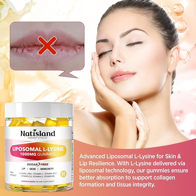 Liposomal L-Lysine 1000mg Gummies, Lysine Supplements for Women & Men, Chewable Vitamin Lysine Gummies for Lips & Oral Health, Immune Support, Kids Friendly, Sugar-Free Lemon Flavor, 60 CT