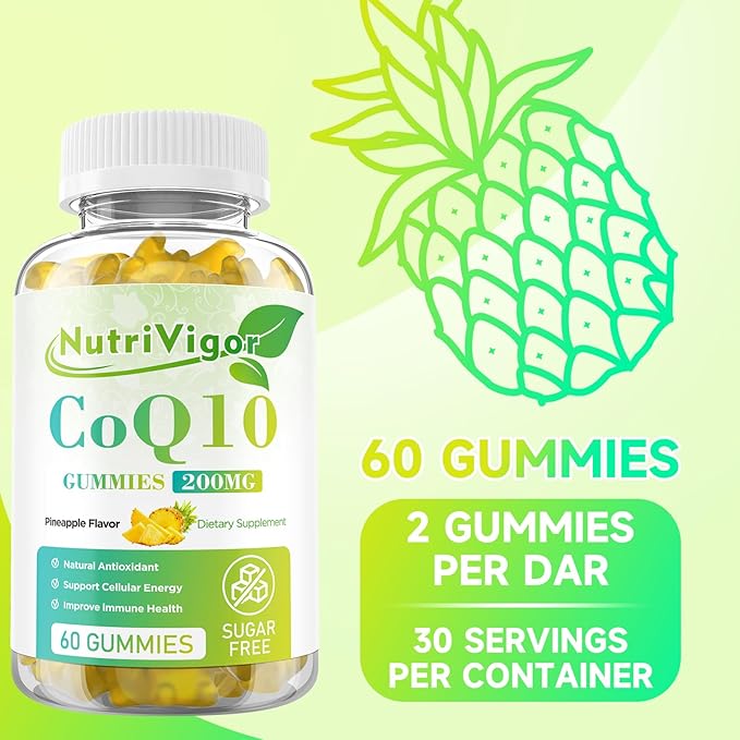 CoQ10 Gummies, Coenzyme Q10 Supplement 200 mg, High Absorption CoQ10 Supplement for Cellular Energy and Immune Health, Vegan, Gluten Free, Pineapple Flavor, 60 Count