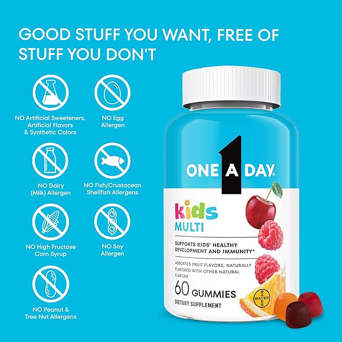 One A Day Kids Multivitamin Gummies, Kids Vitamins with Vitamin C, D, E & Zinc for Immune Support, Childrens Gummy Vitamins, Assorted Fruit Flavors, 60ct (Packaging May Vary)