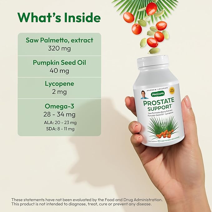 ANDREW LESSMAN Prostate Support Supplement for Men's Health, 180 Softgels, No Additives - Saw Palmetto for Men, Pumpkin Seed Oil, Lycopene & Omega-3 for Prostate Health, Urinary & Bladder Function