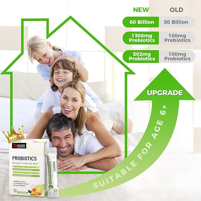 NATURE TARGET Probiotics for Women-Men-Kids Probiotic Powder 60 Billion CFUs 13 Strains - Prebiotics and Probiotics for Digestive Health, Shelf Stable, Non-GMO, Gluten Free 30 Packets