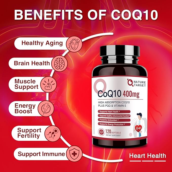 NATURE TARGET CoQ10-400mg Plus PQQ with Vitamin E & Organic Olive Oil - Coenzyme-Q10 with BioPerine - High Absorption Antioxidant-for-Heart-Health and Energy Production,120 Servings