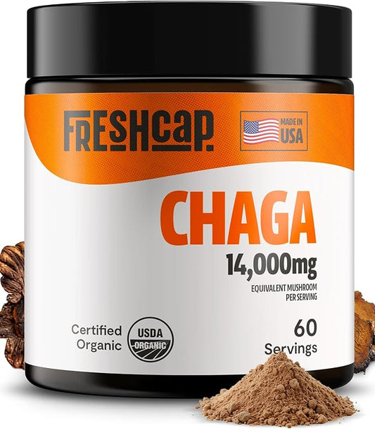 FreshCap Chaga Mushrooms Powder 14,000mg - Chaga Mushroom Extract for Immune and Antioxidants Support, Ayurveda Nootropic Supplement (60 Servings)