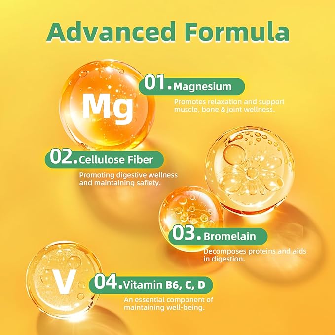 Magnesium Glycinate Liquid, High Absorption Magnesium Liquid Drops with Cellulose Fiber, Bromelain, Vitamin B6, C, D, Zinc, Magnesium Supplement for Kids and Adults, Pineapple Flavor, 1 Pack