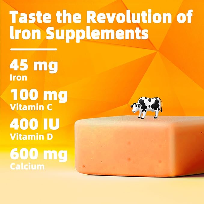 Iron Supplement Chews with Vitamin C for Women Men and Kids, Natural Vegan Iron Soft Chew with Vitamin B6,B12,D, Calcium & Zinc - Energy Support, 60 Orange SoftChews,2 Month Supply