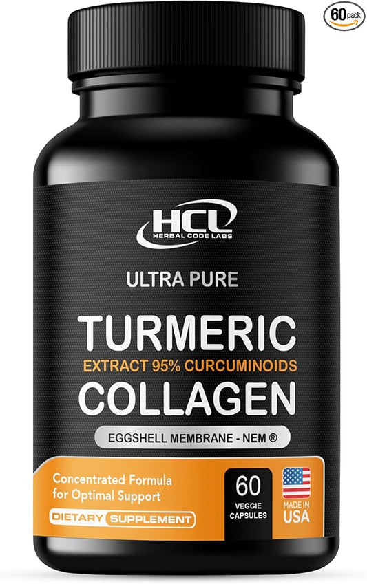 Turmeric Curcumin 95% Extract & Collagen Capsules - NEM Promotes Knee Comfort & Flexibility - Eggshell Membrane w Naturally Occurring Glucosamine Chondroitin Hyaluronic Acid- Made in USA