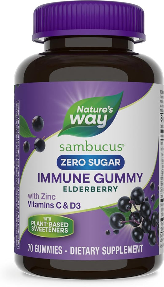 Nature's Way Sambucus Zero Sugar Immune Gummies, Daily Immune Support*, Black Elderberry Extract, Vitamin C, Vitamin D3, Zinc, Sugar Free, Sugar Alcohol Free, Plant-Based Sweeteners, 70 Gummies
