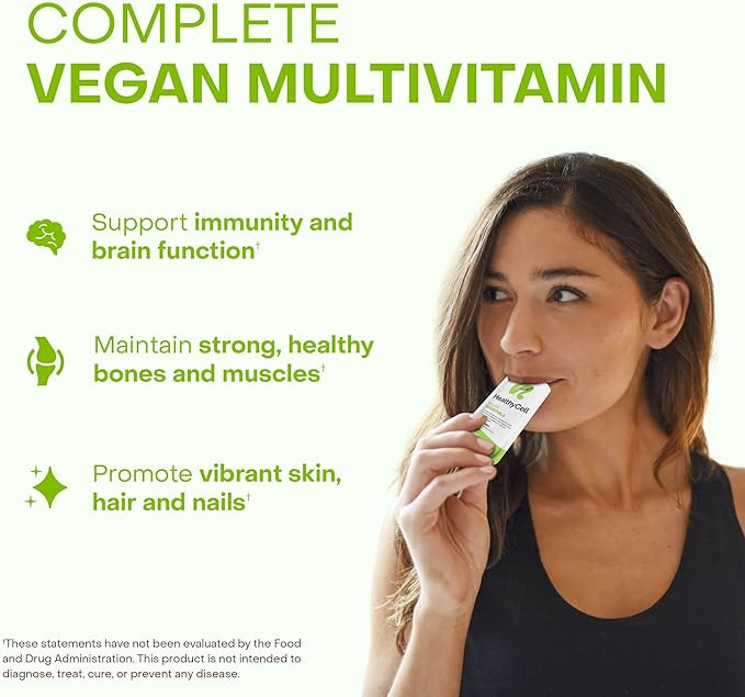 HealthyCell Vegan Essentials Daily Liquid Multivitamin Supplement with Iron and Choline – 25+ Essential Vitamins, Minerals & Nutrients for Brain & Heart Health, Immune Support & Energy - 30 Gel Packs