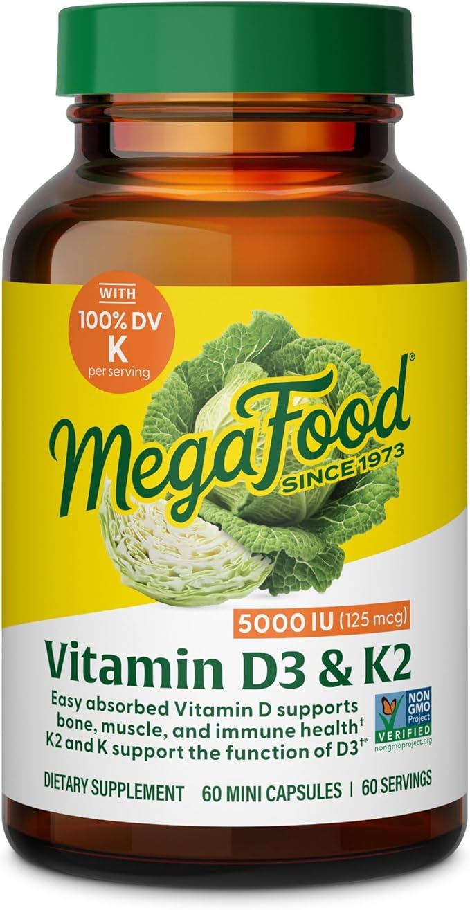 MegaFood Vitamin D3 5000 IU (125 mcg) - Vegetarian Supplements with Vitamin D3 K2 - Supports Bones, Teeth, Muscles & Immune Health - Certified Non-GMO - 60 Mini Capsules, 60 Servings