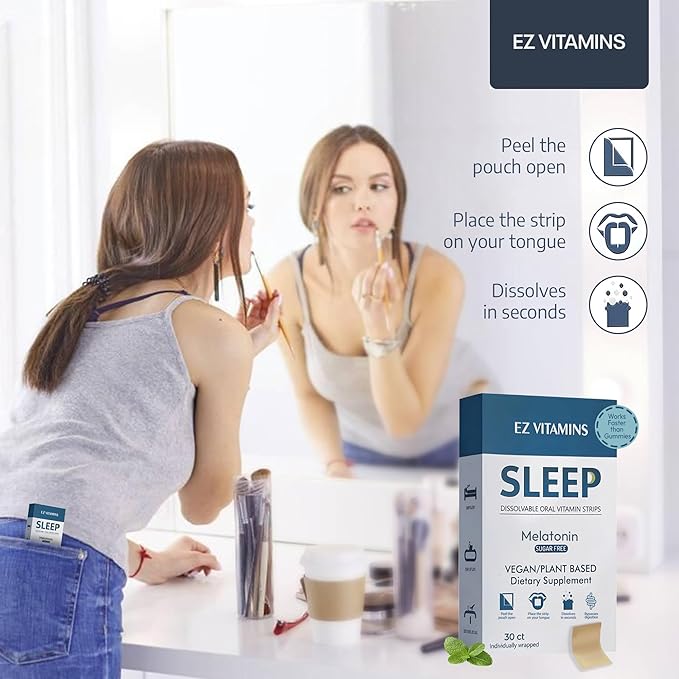 Dissolvable Oral Sleep Strips with 5 mg Melatonin, Valerian Root, L-Theanine and Vitamin B6 - Fresh Mint Flavor, No Water Needed, Works Faster Than Gummies, Sleep Support Oral Strips, 30ct