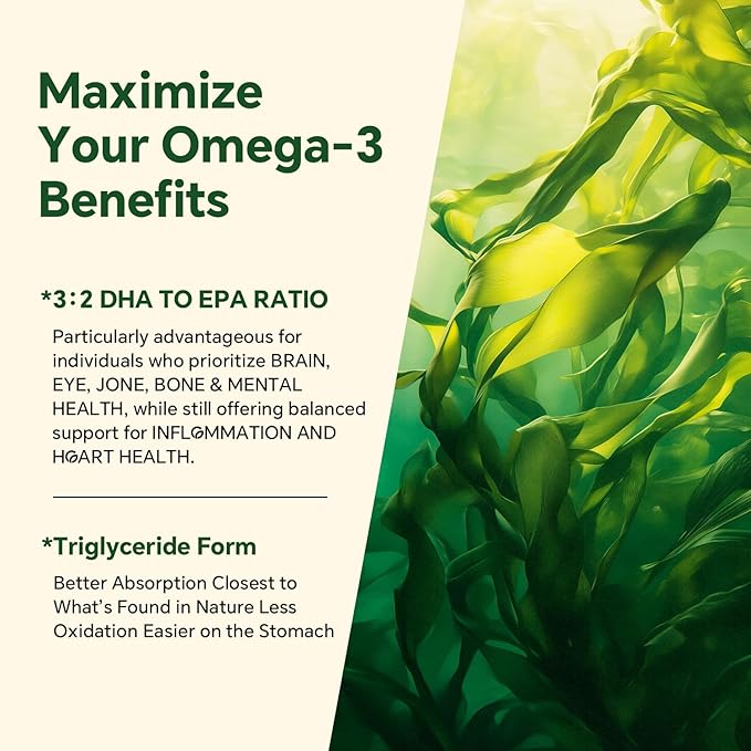 Vegan Omega 3 Gummies 1200mg - Dual Layer - Fish Oil Alternative, Marine Algae Omega 3 Supplement DHA 600mg, EPA 400mg with Astaxanthin,Sugar Free,60 Cts